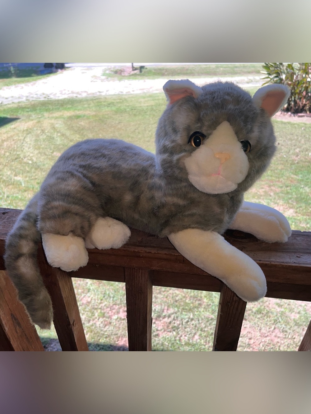Large laying grey vintage cat plush stuffed animal toy